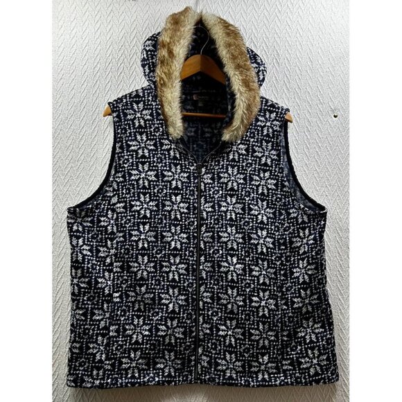 EUC TALBOTS NORDIC FAIR ISLE FAUX FUR HOODED VEST - WINTER ZIP-UP SLEEVELESS XXL - Picture 3 of 9